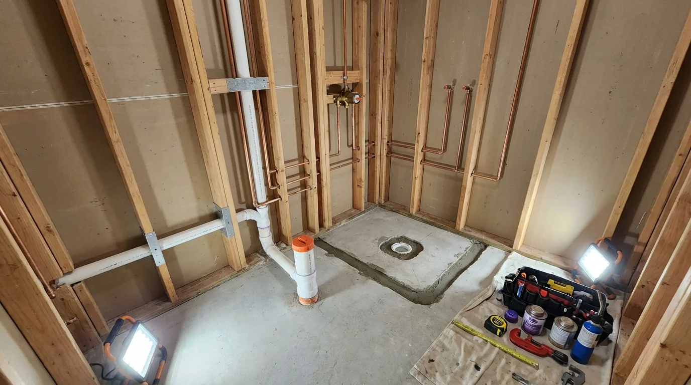 Bathroom rough-in plumbing during remodel by Johns Plumbing LLC in Natalia
