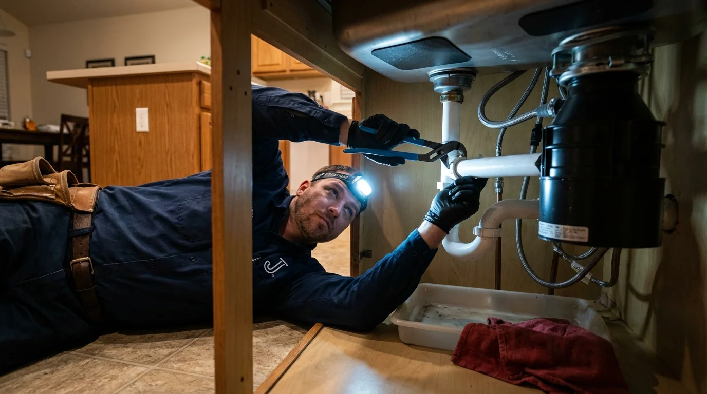 P-trap and supply line connections under a kitchen sink showing a common leak point in Natalia, TX